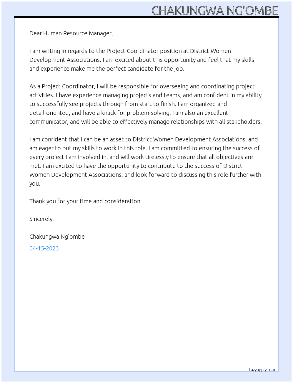 Project Coordinator At District Women Development Associations Cover Letter
