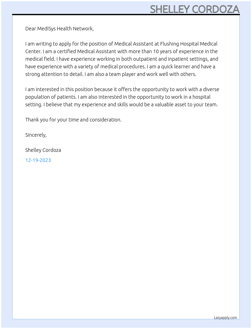 Medical Assistant At Flushing Hospital Medical Center Cover Letter