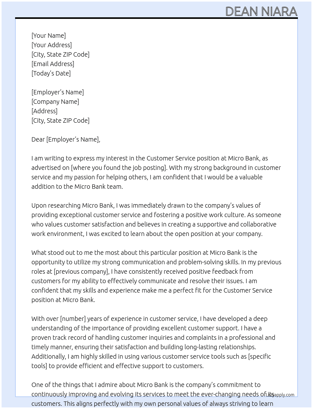 Customer Service  At Micro Bank Cover Letter