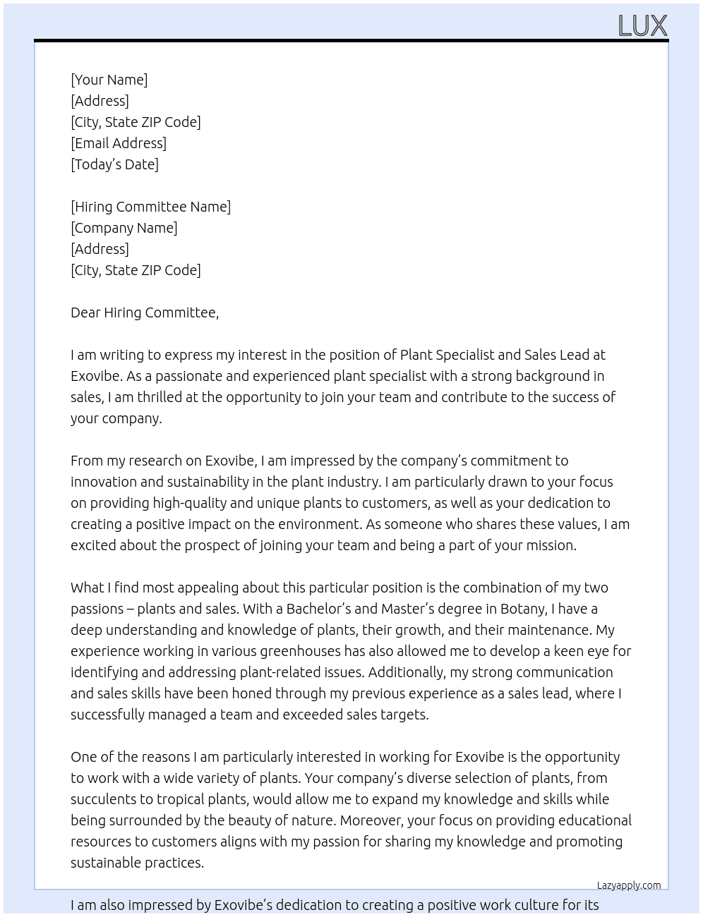 Plant specialist and sales lead At Exovibe Cover Letter