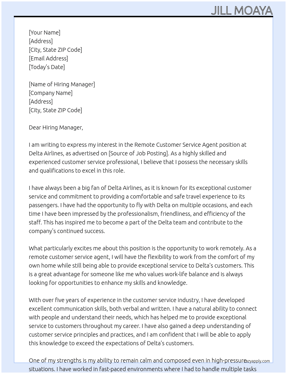 Delta Airlines Remote Customer Service Agent At Delta Airlines Cover Letter