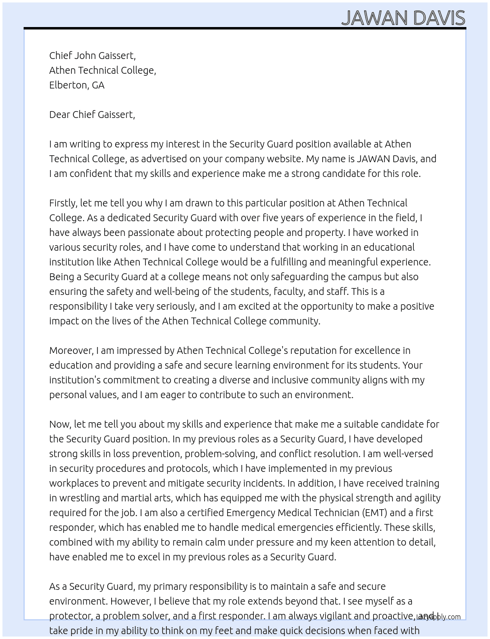 Security  Gaurd  At ATHEN TECHNICAL COLLEGE Cover Letter