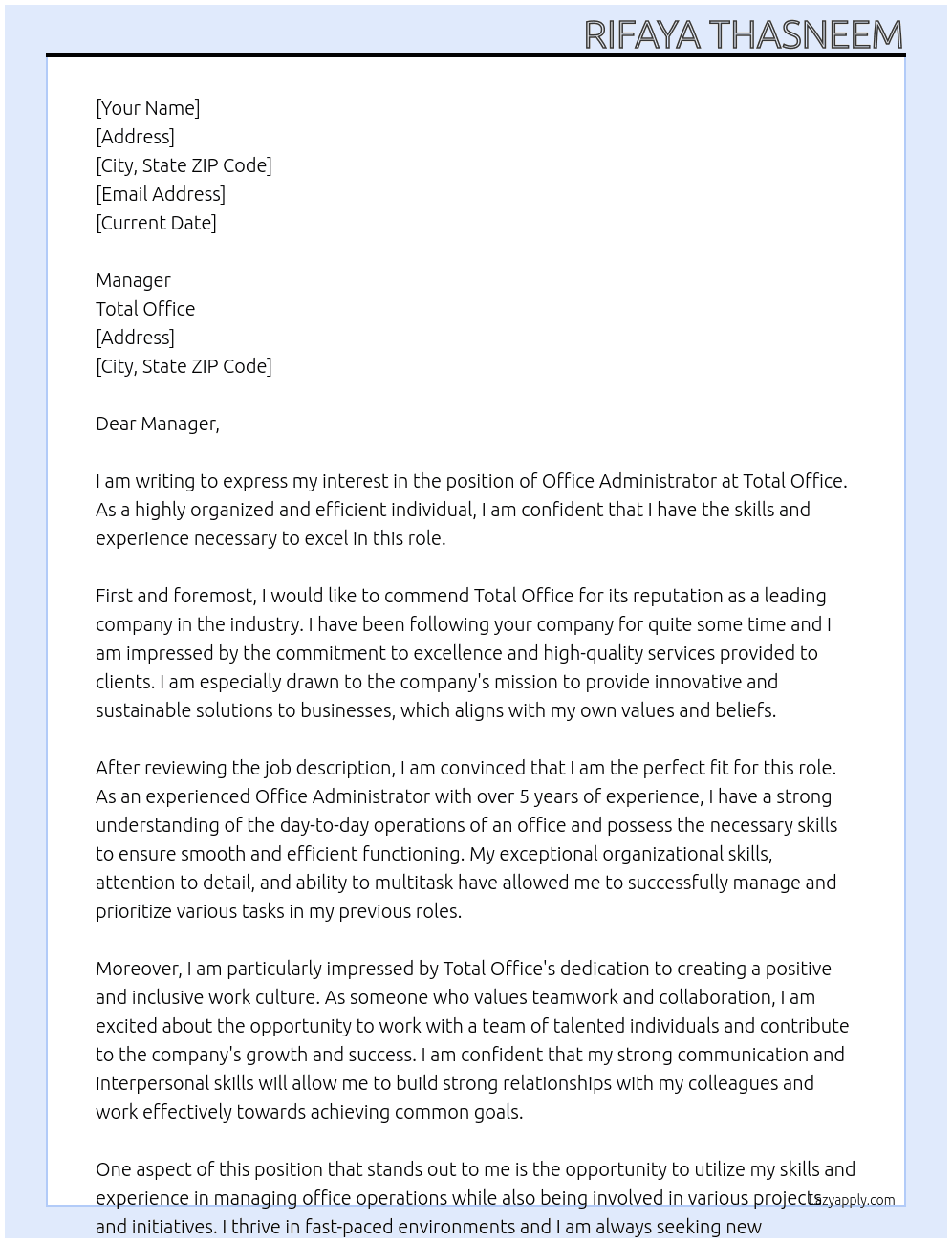 Office Administrator At Total Office Cover Letter