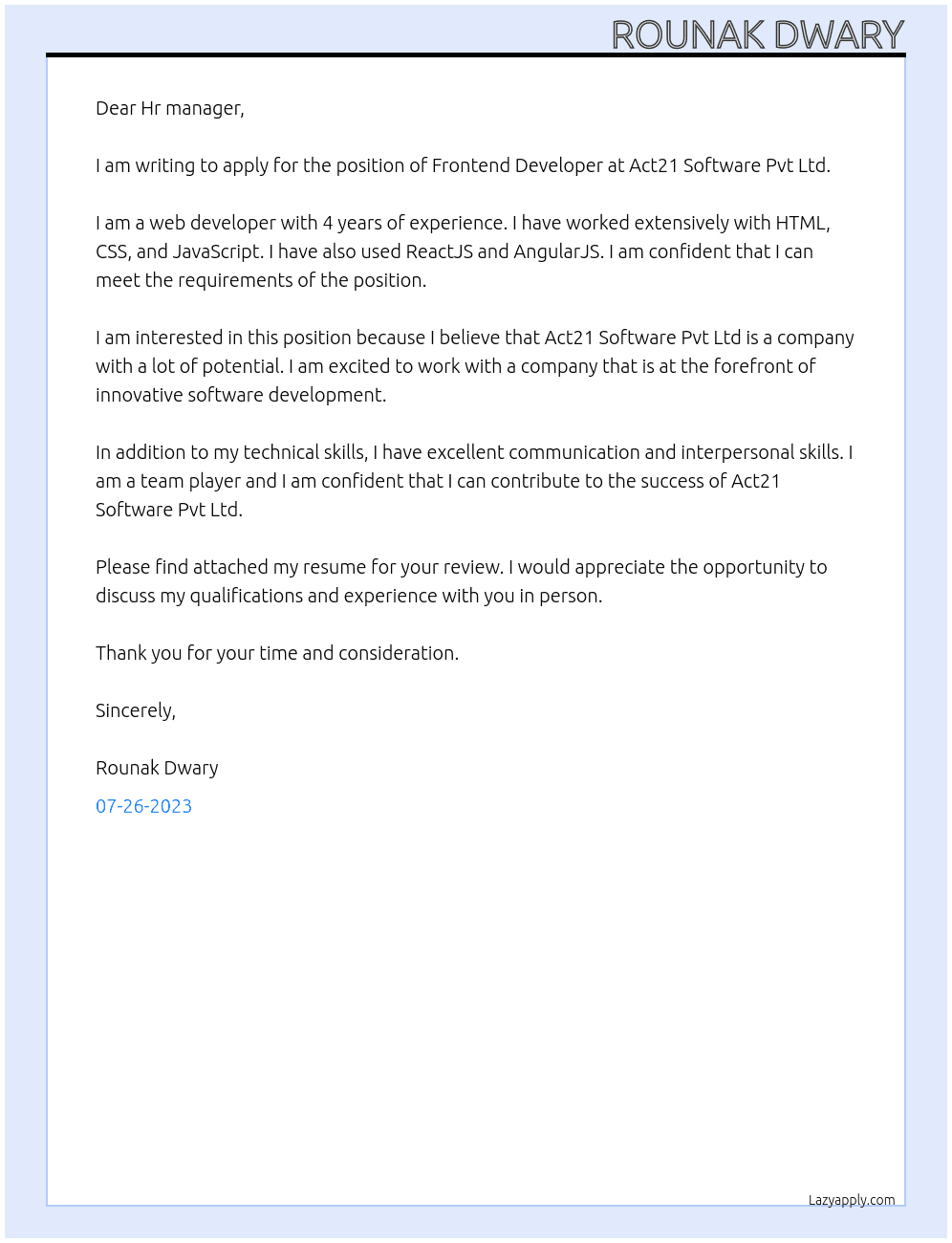 Frontend Developer At  Act21 Software Pvt Ltd Cover Letter