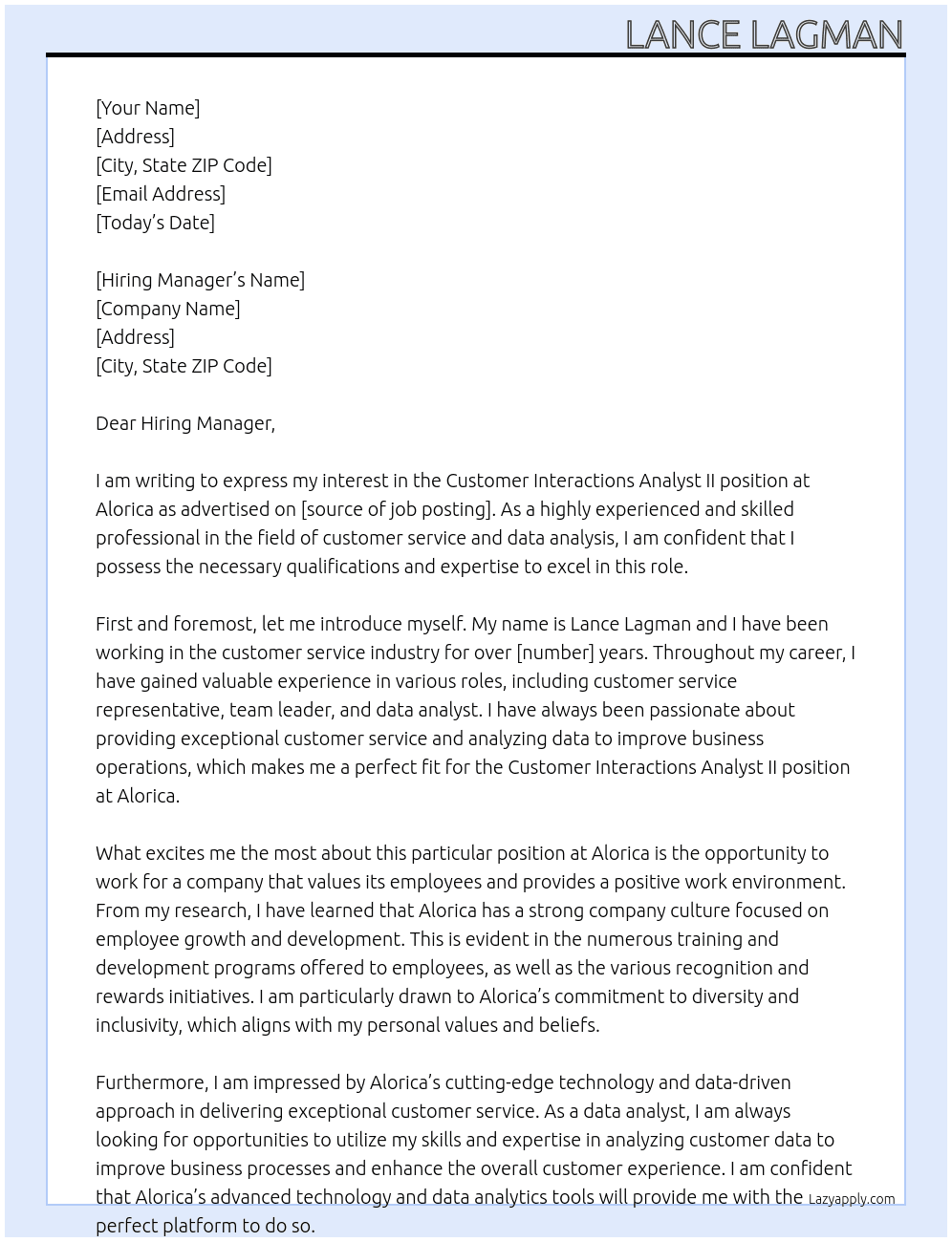 Customer Interactions Analyst II At Alorica Cover Letter