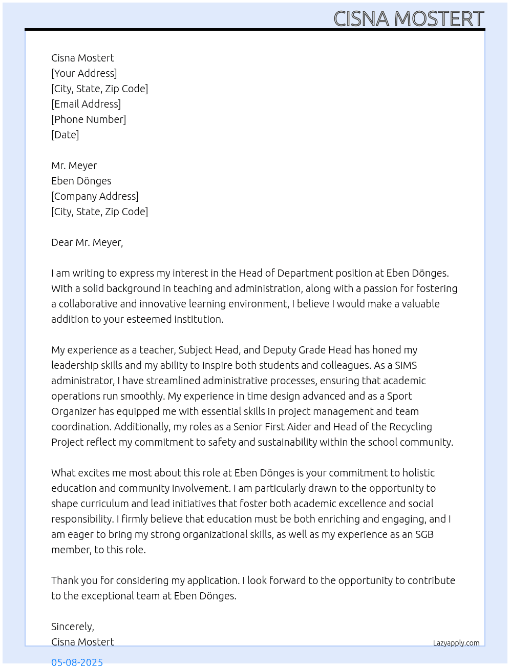 Head of Department At Eben Dönges Cover Letter