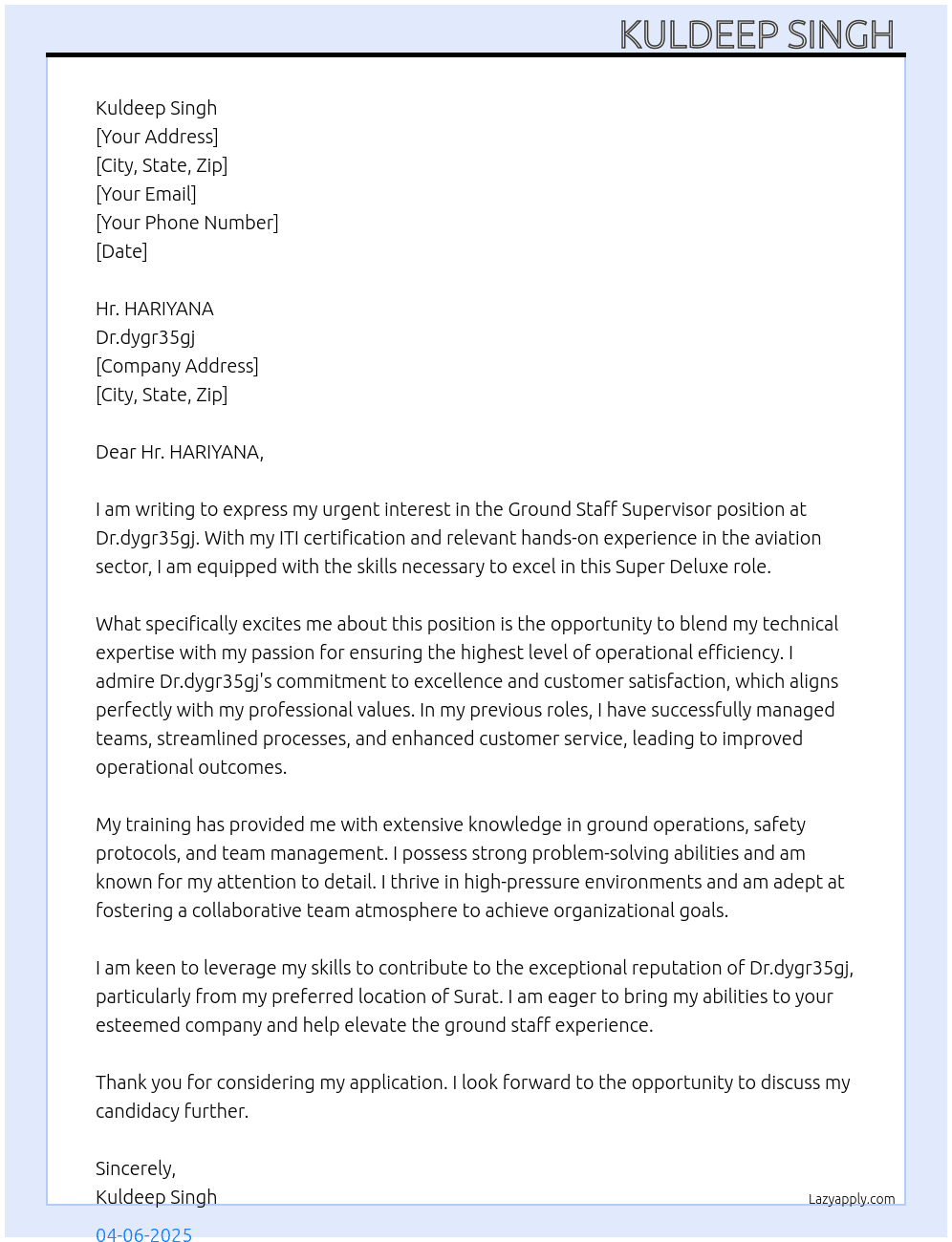 Ground staff supervisor  At Dr.dygr35gj Cover Letter