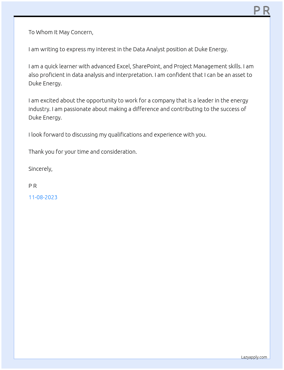 Data Analyst At Duke Energy Cover Letter