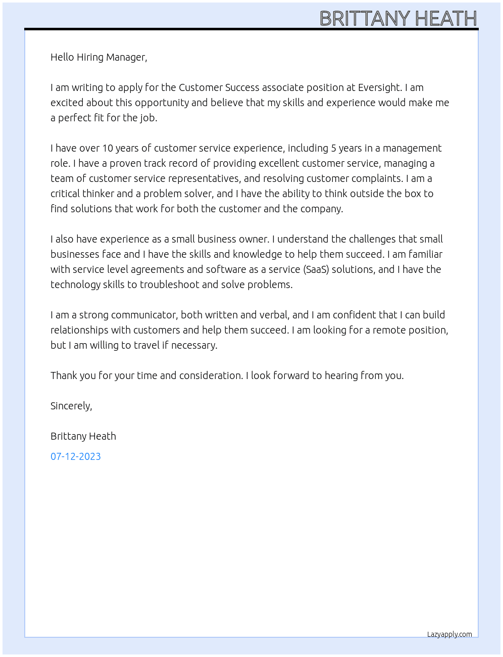 Customer Success associate  At Eversight Cover Letter