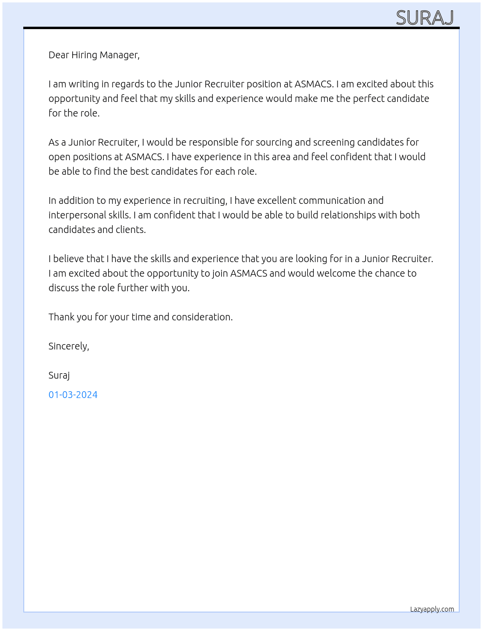 Junior recruiter At ASMACS Cover Letter