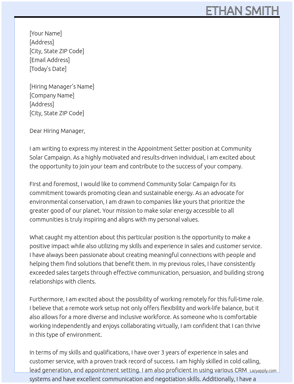 Appointment Ssetter At Community Solar Campaign Cover Letter