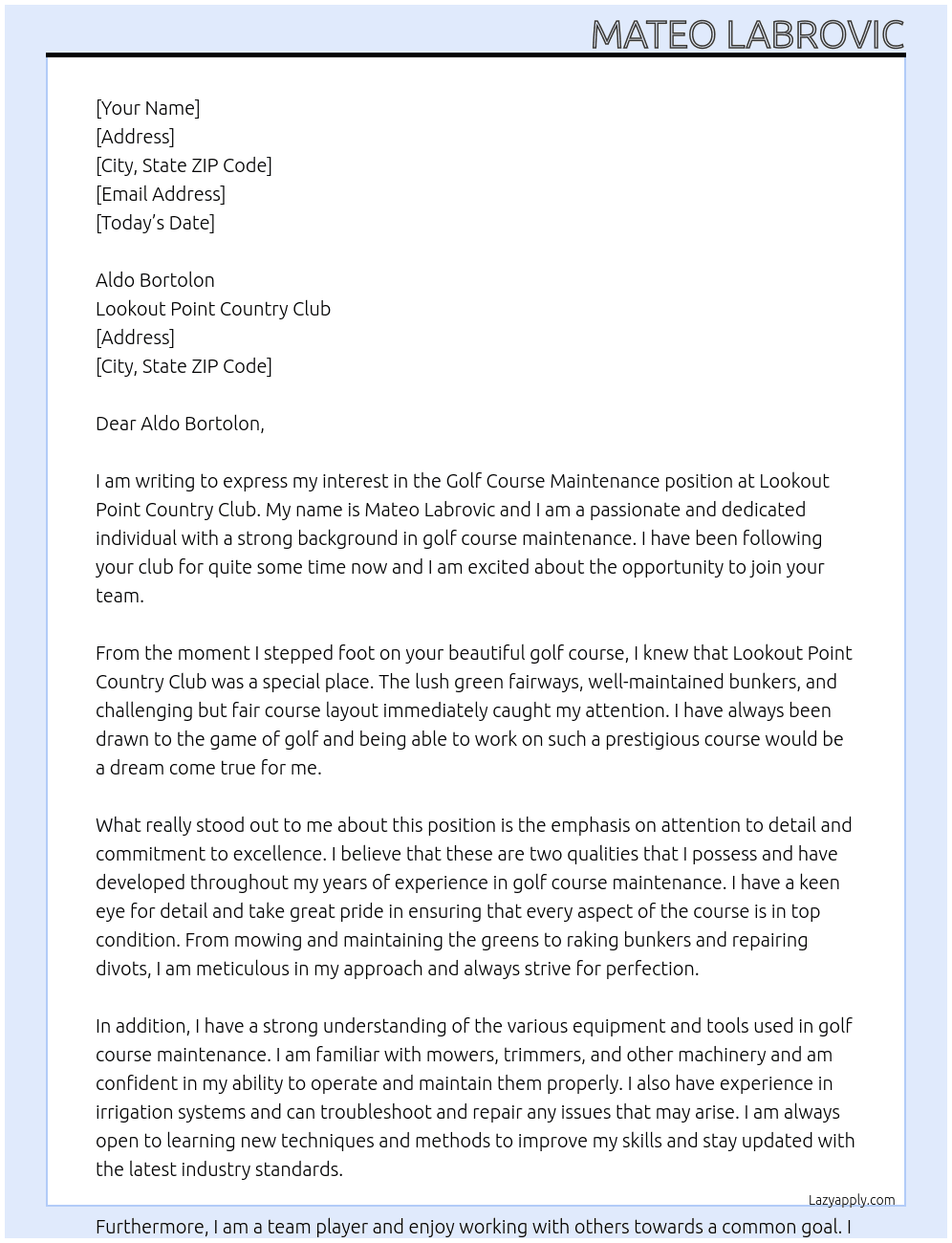 Golf Course Maintenance At Lookout Point Country Club Cover Letter