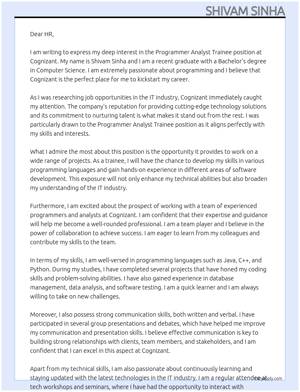 Programmer Analyst Trainee At COGNIZANT Cover Letter