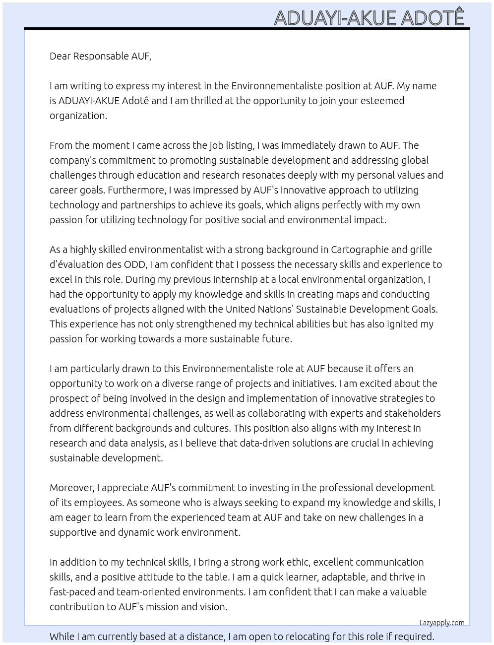 Environnementaliste  At AUF Cover Letter