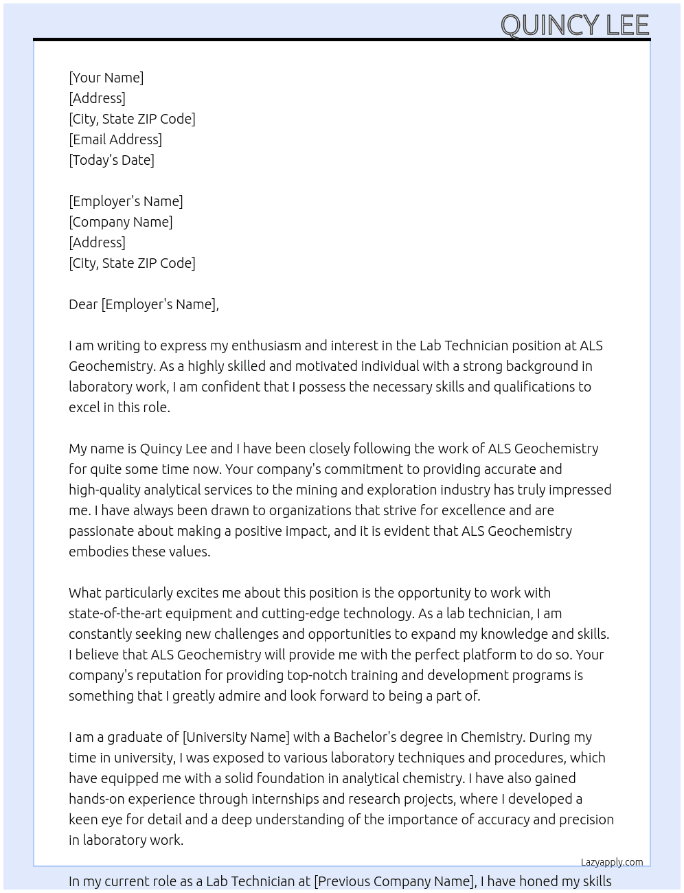 Lab technician At ALS Geochemistry  Cover Letter
