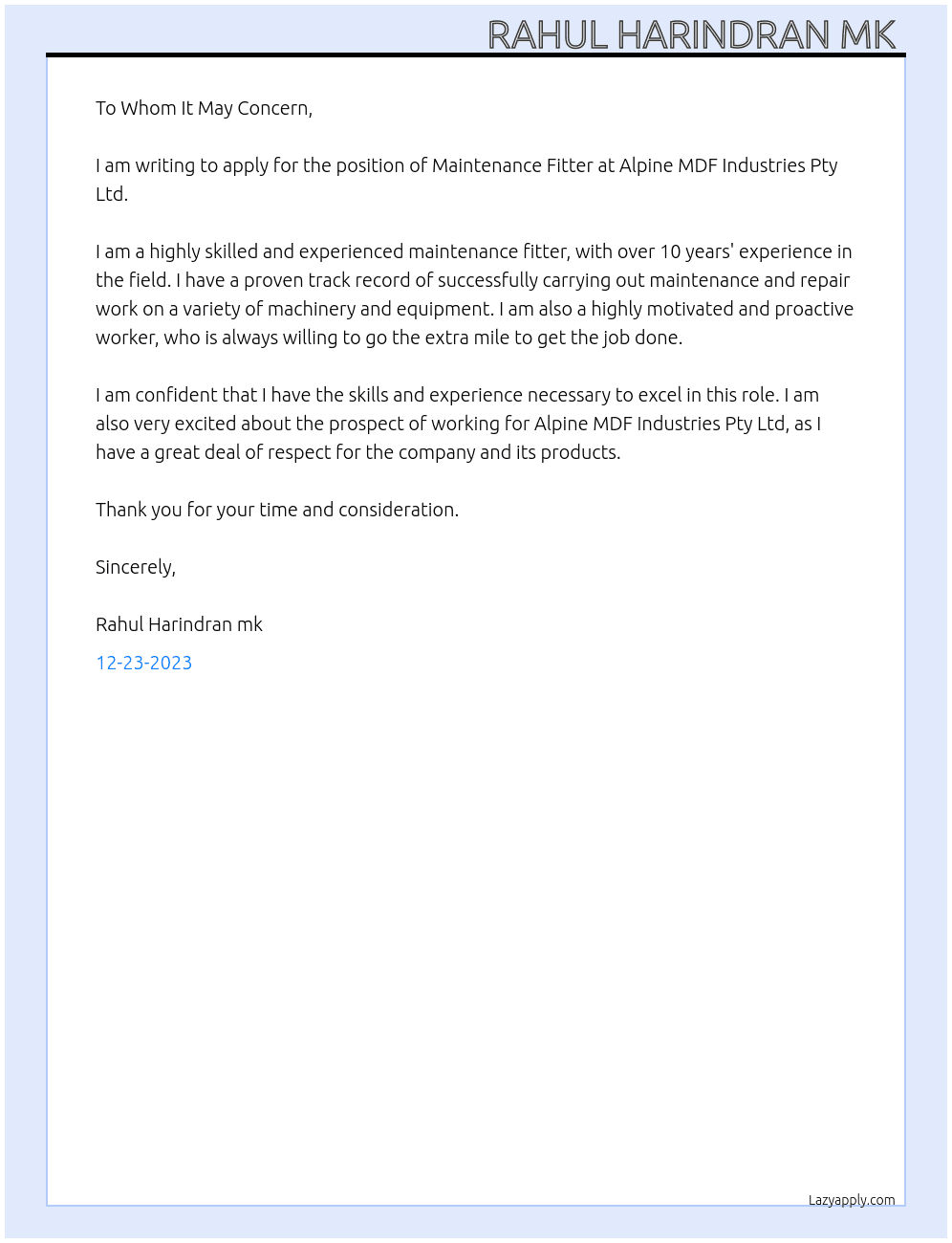 Maintenance fitter  At Alpine MDF Industries Pty Ltd Cover Letter