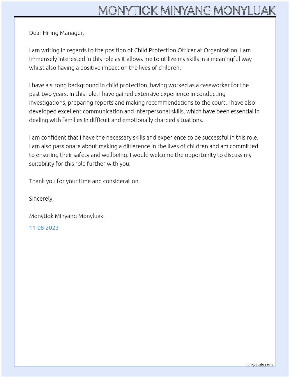 Child protection officer  At Organization Cover Letter