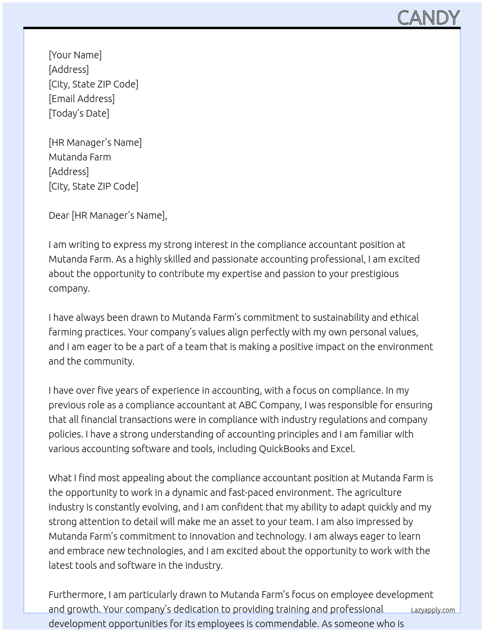 compliance accountant At Mutanda Farm Cover Letter