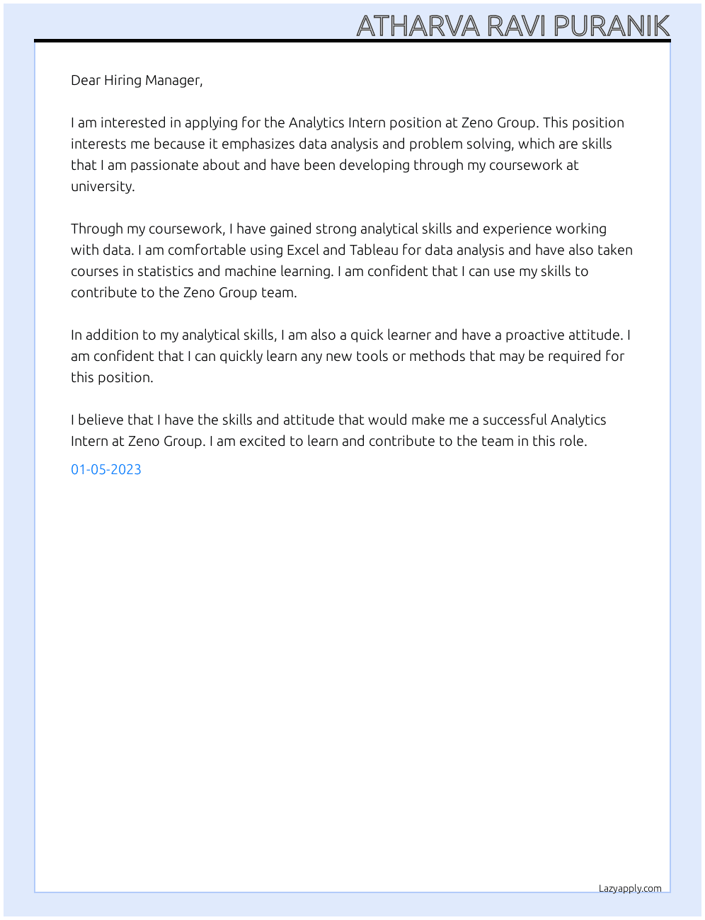 Analytics Intern At Zeno Group Cover Letter