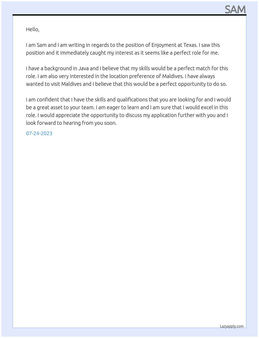 Enjoyment  At Texas Cover Letter