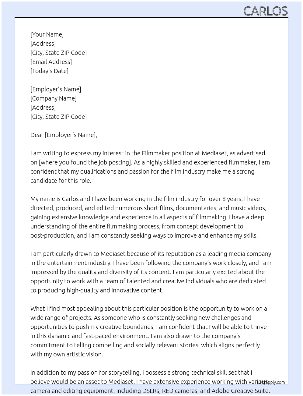 filmmaker At mediaset Cover Letter