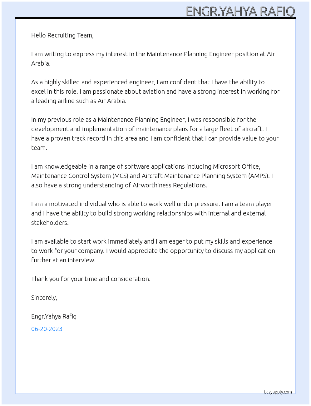 Maintenance Planning Engineer At AirArabia Cover Letter