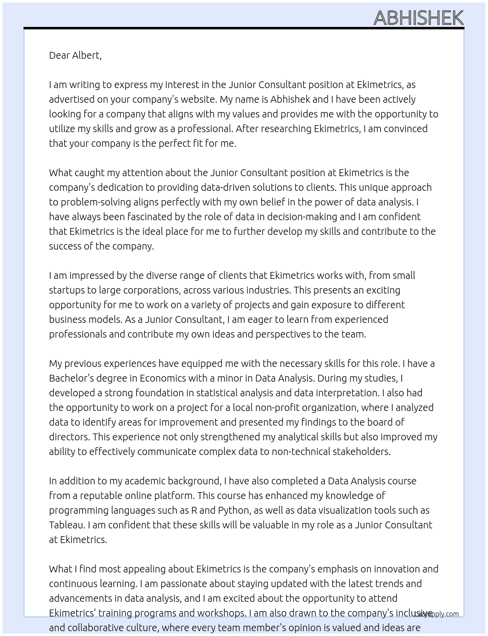 Junior Consultant At Ekimetrics Cover Letter