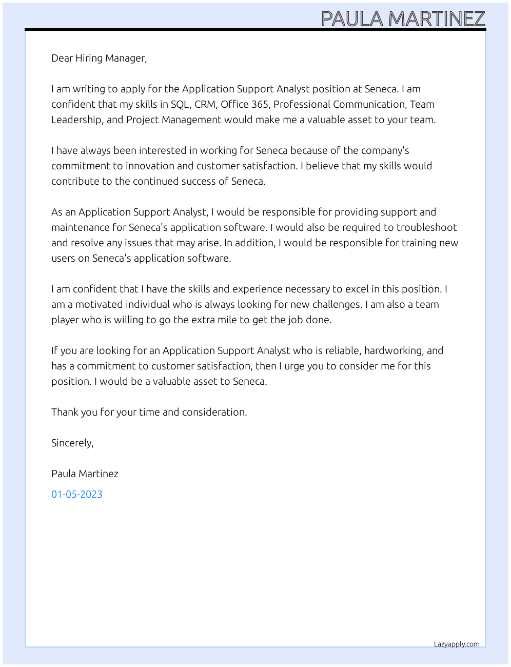Application Support Analyst At  Seneca Cover Letter