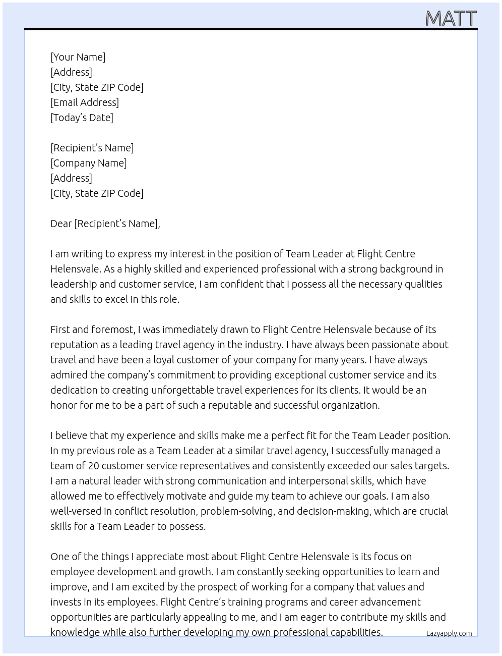 Team Leader At Flight Centre Helensvale Cover Letter