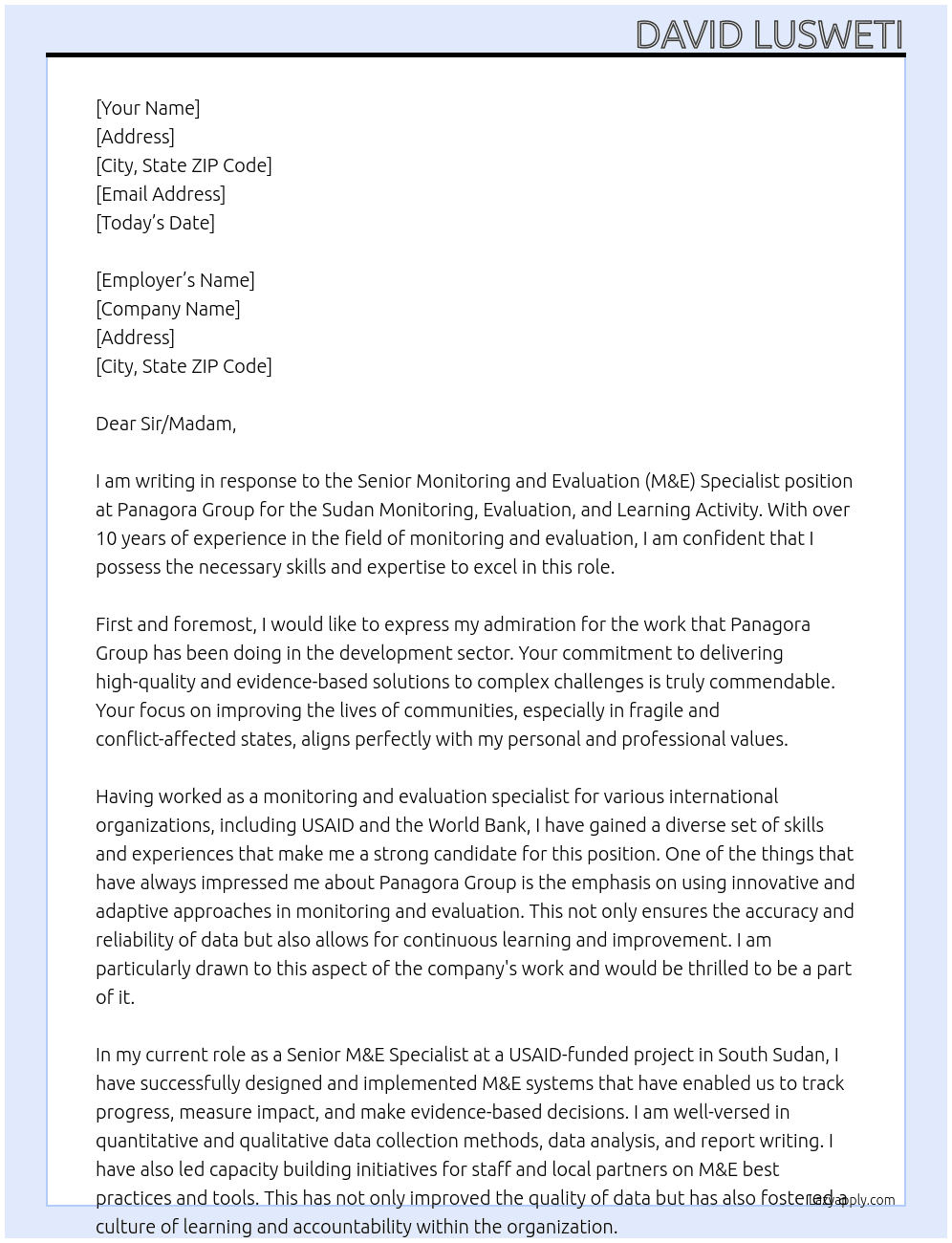 Senior Monitoring and Evaluation (M&E) Specialist, Sudan Monitoring, Evaluation, and Learning Activity At Panagora Group Cover Letter