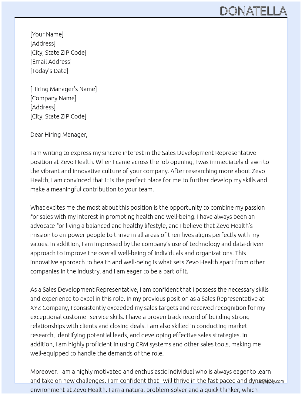 Sales Development Representative At Zevo Health Cover Letter