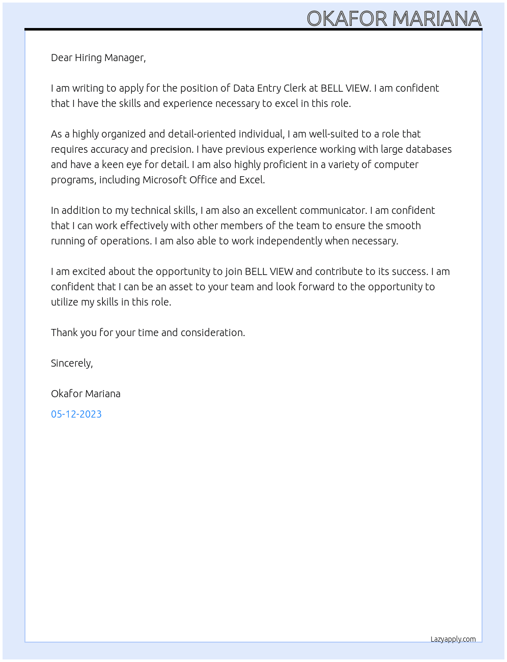 DATA ENTRY CLERK At BELL VIEW Cover Letter