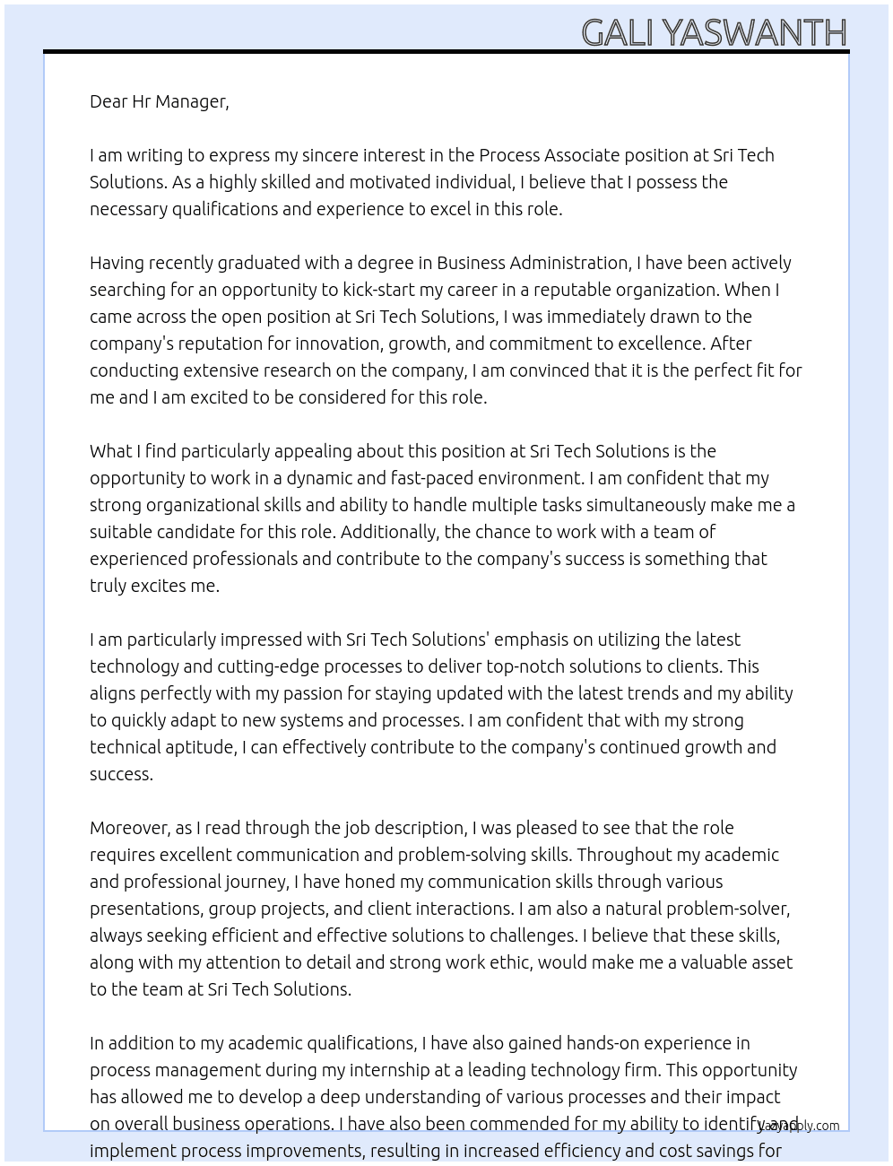 Process associate At Sri tech solutions Cover Letter