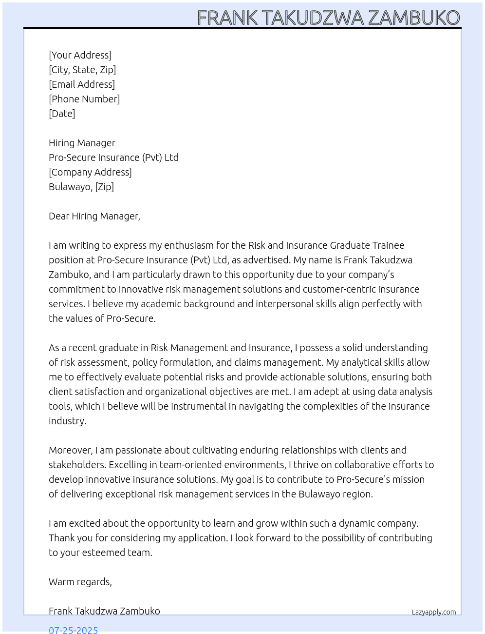 Cover letter for risk and insurance graduate trainee - LazyApply