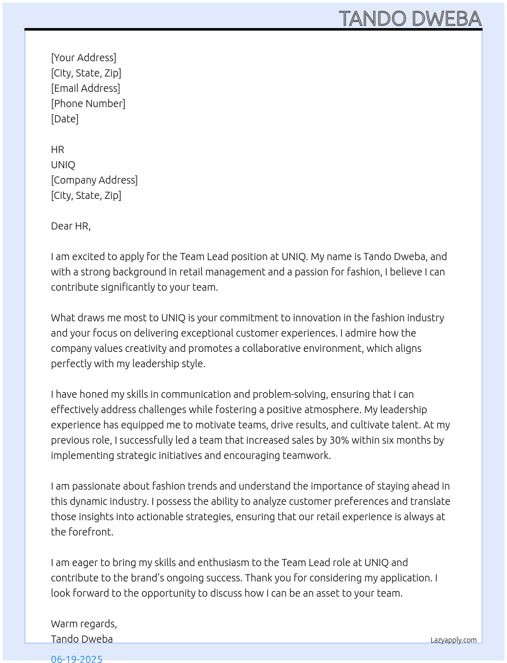 Retail  At UNIQ Cover Letter