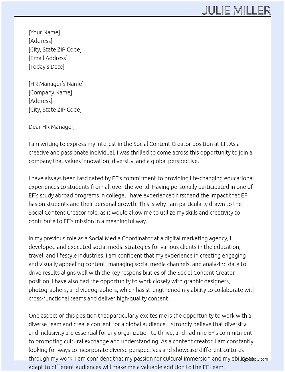 Social Content Creator At EF  Cover Letter
