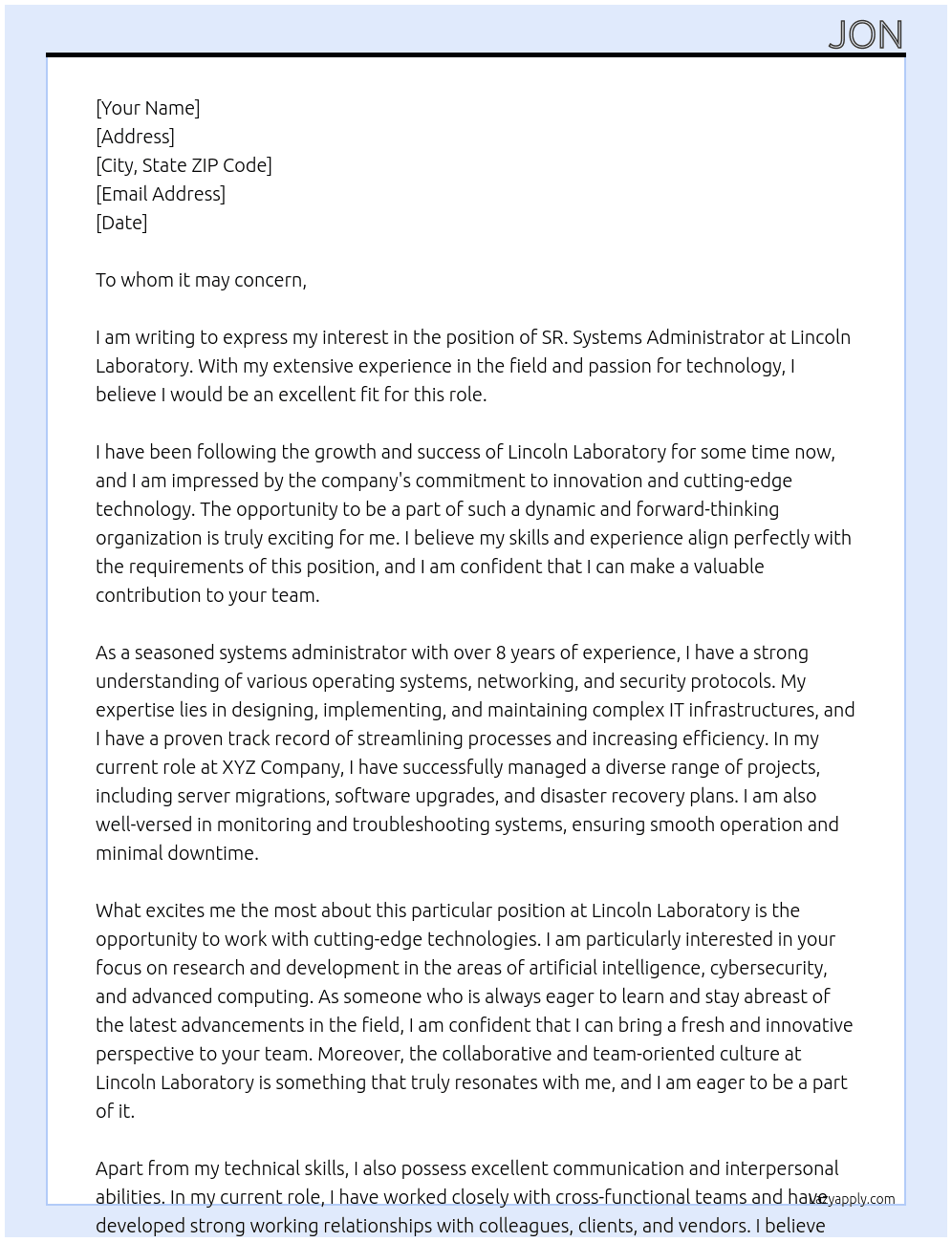 SR. Systems administrator At Lincoln Labortory Cover Letter