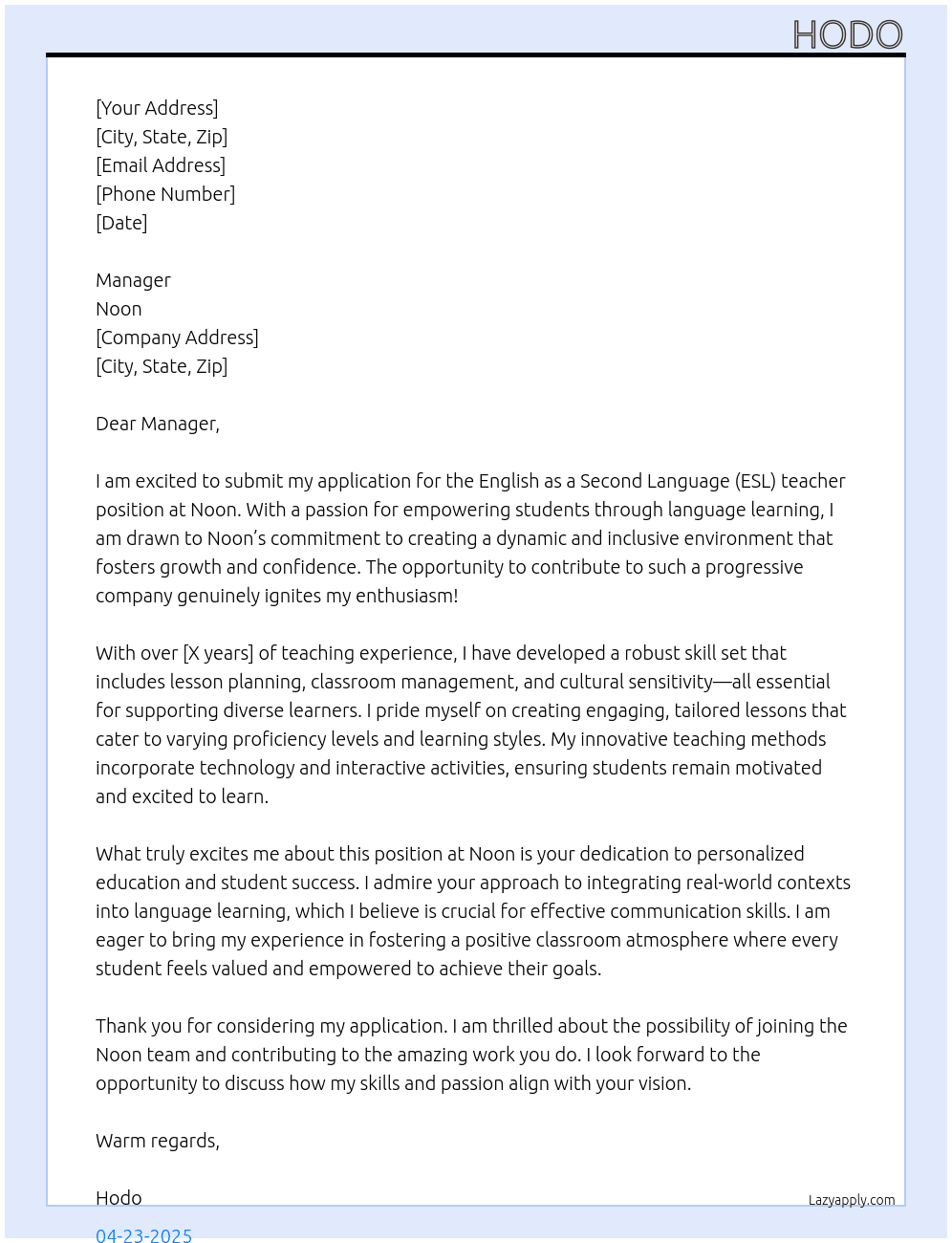 English As A Second Language teacher At Noon Cover Letter