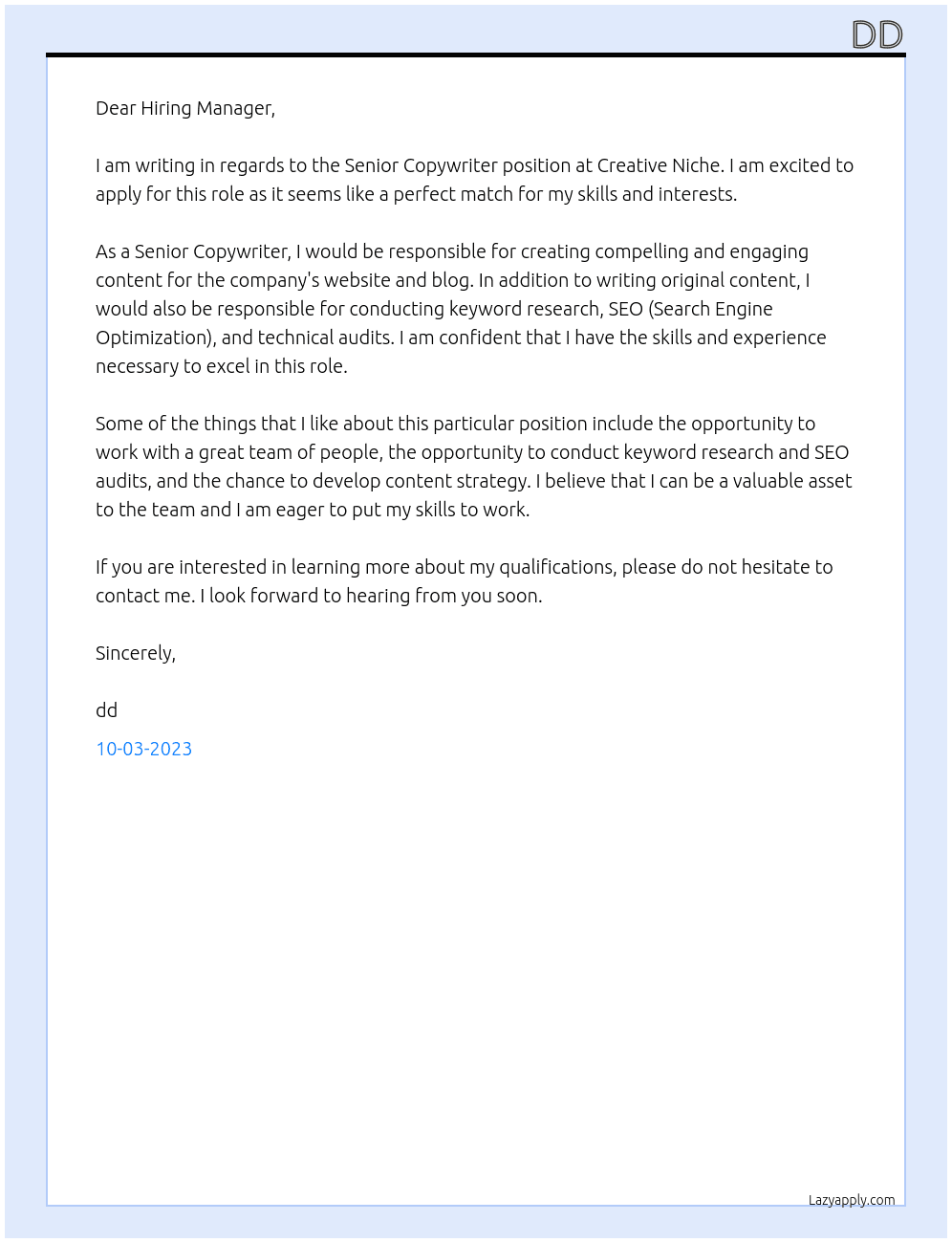 Senior Copywriter At Creative Niche Cover Letter