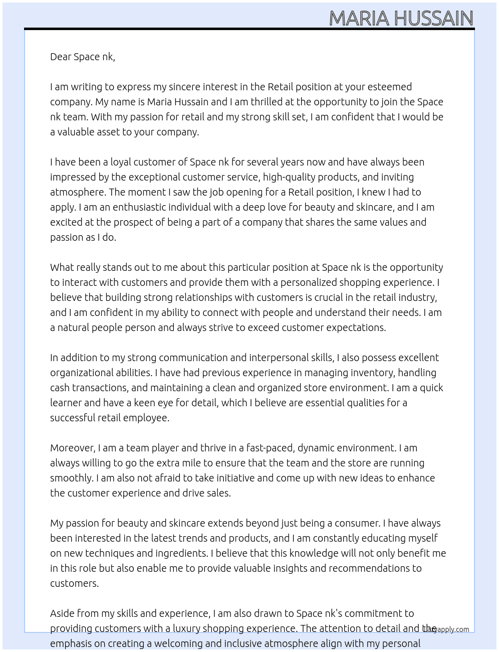 Retail  At Space nk Cover Letter