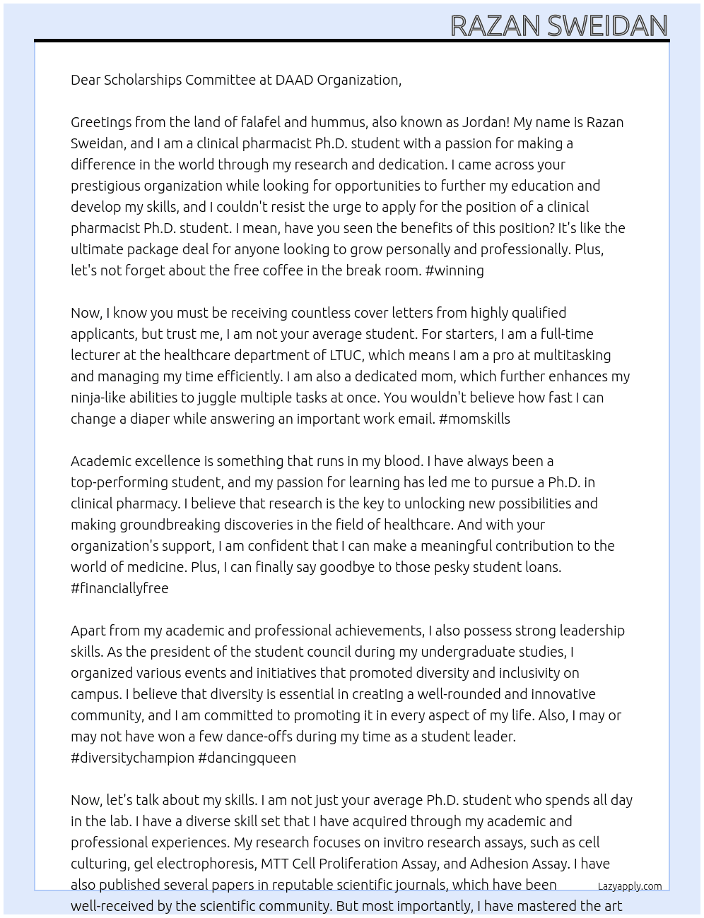clinical pharmacist ph.d student  At DAAD organization Cover Letter