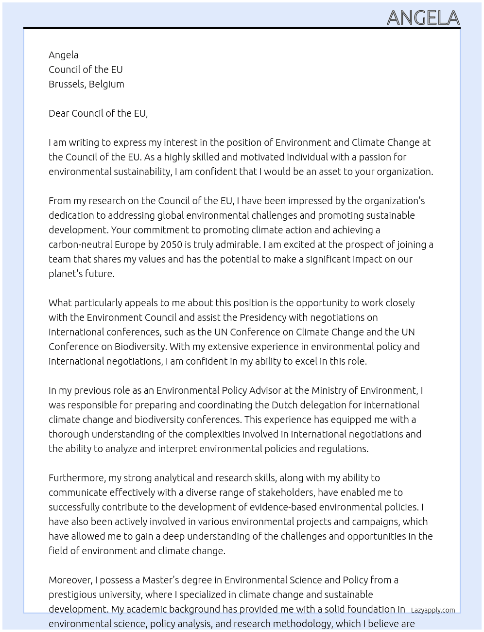 Environment and Climate Change At Council of the EU Cover Letter