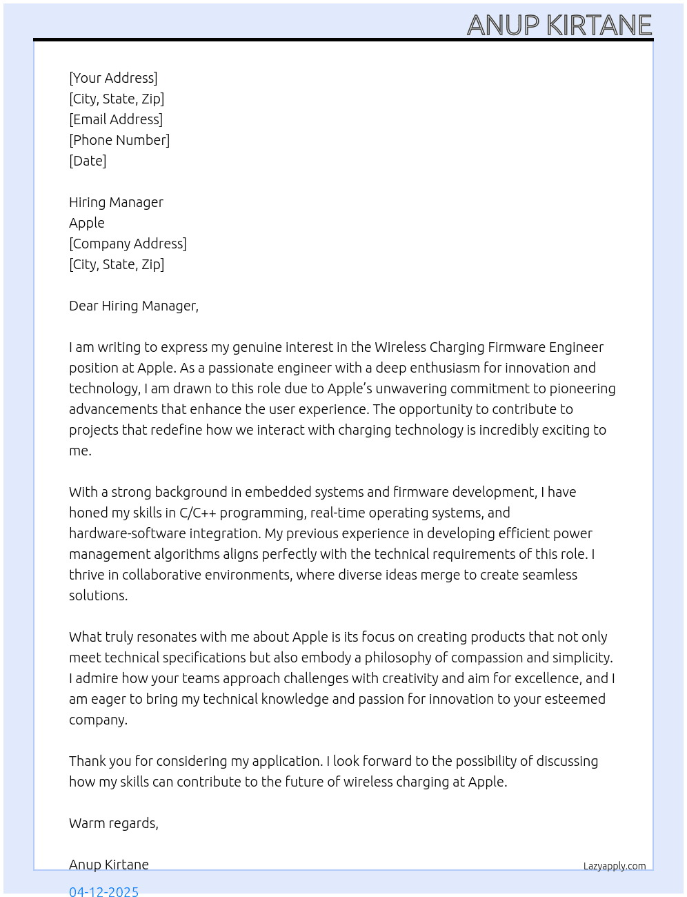 Cover letter for wireless charging firmware engineer - LazyApply