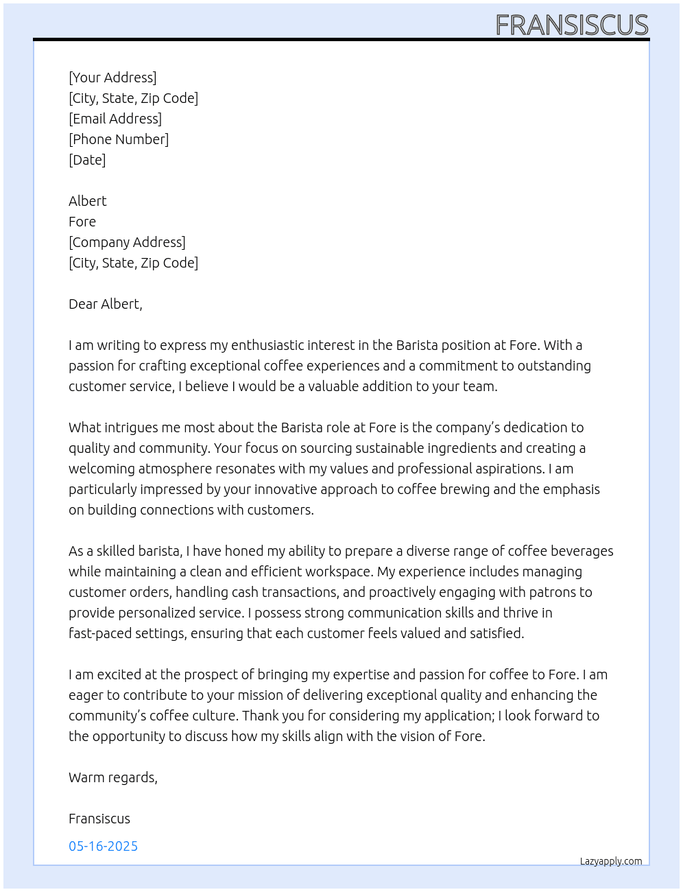 Barista At Fore  Cover Letter