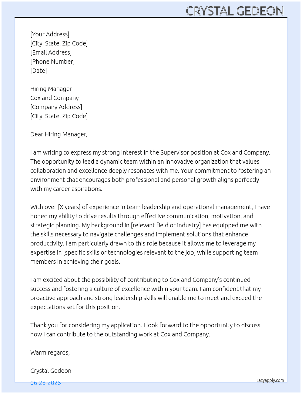 Supervisor At Cox and Company Cover Letter