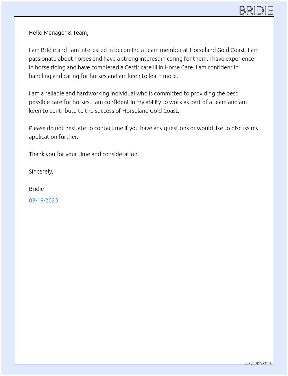 Team member At Horseland Gold Coast Cover Letter