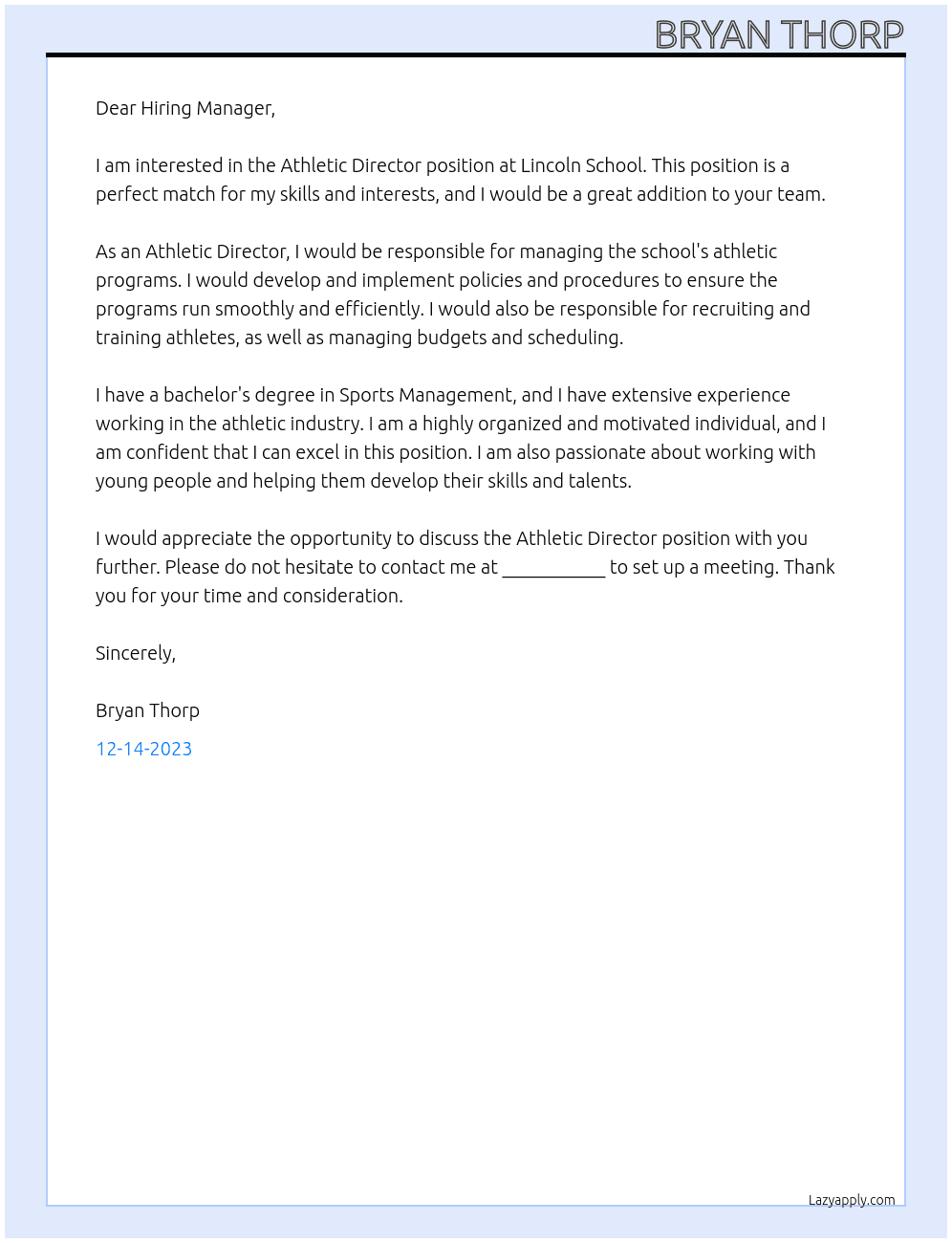 Athletic Director At Lincoln School Cover Letter