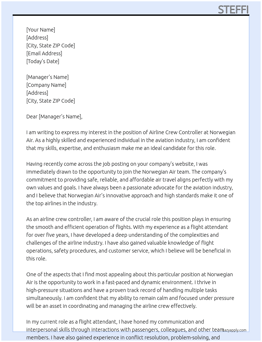  airline crew controller At norwegian air Cover Letter