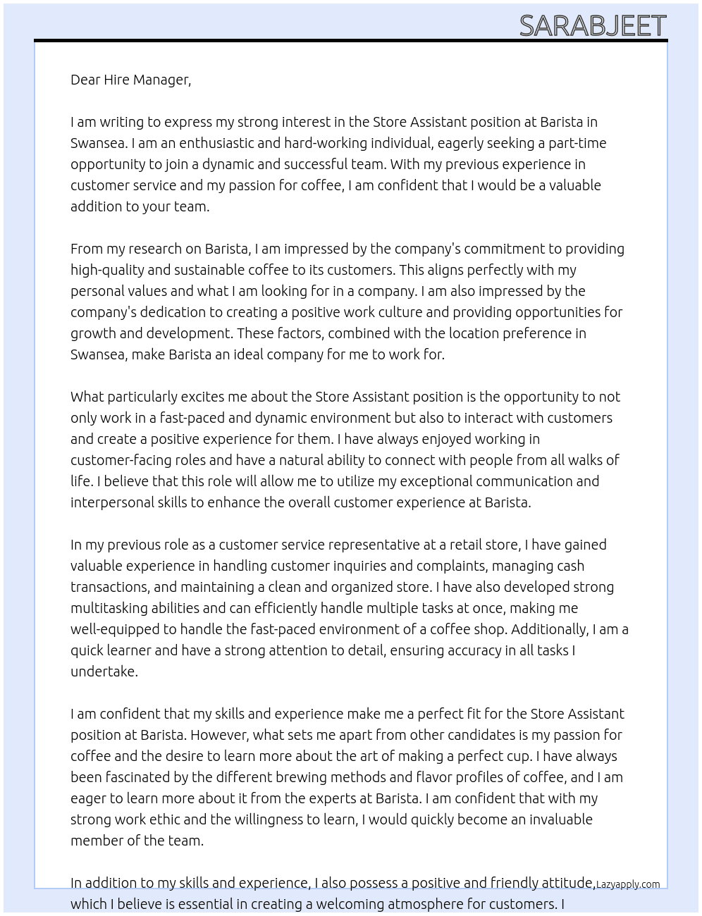 store assistant At Barista Cover Letter