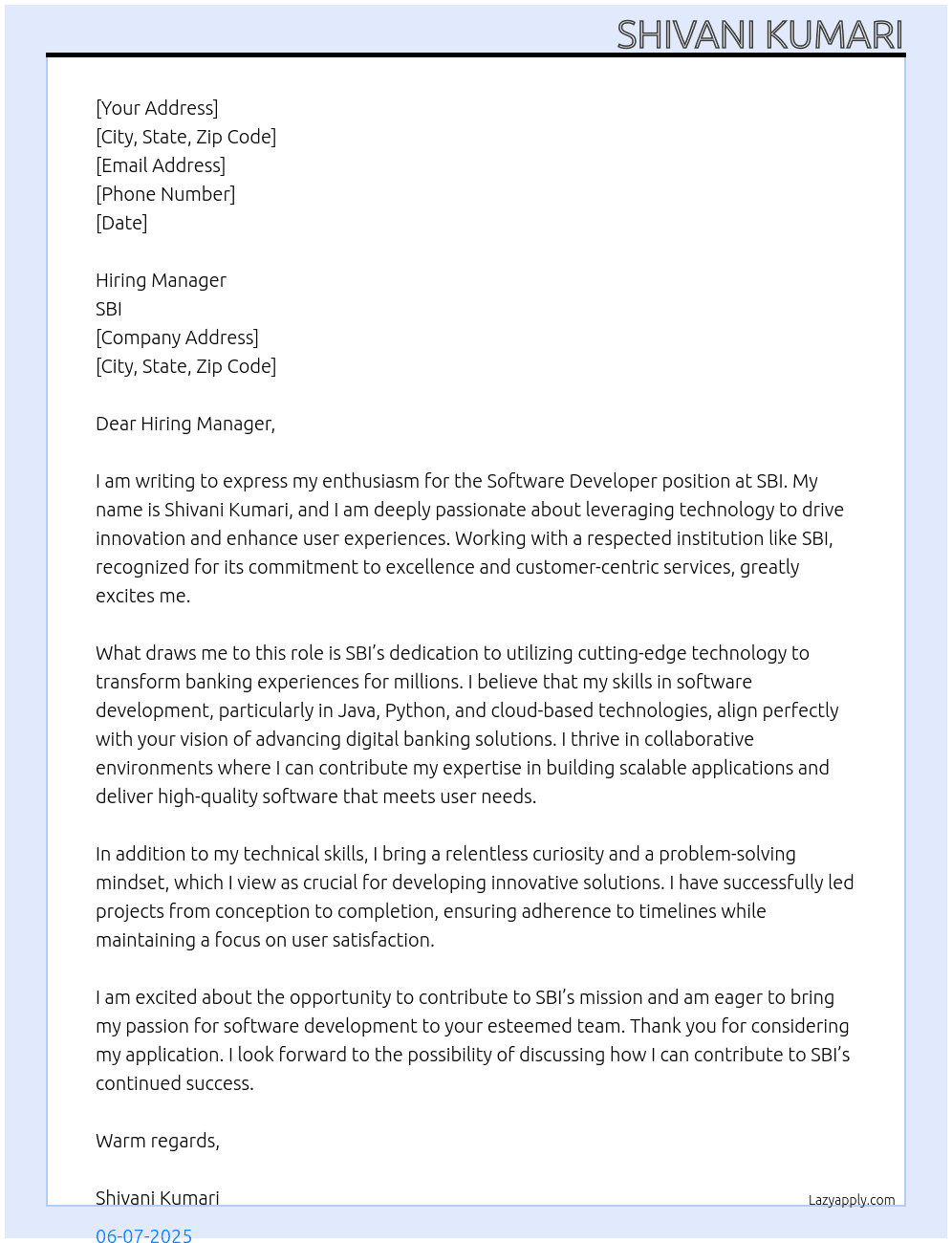 software developer At SBI Cover Letter